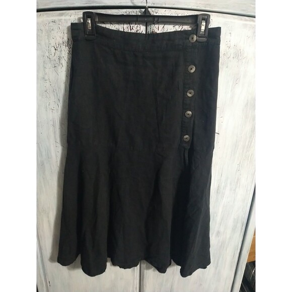 Free People Linen Ruffled Button Up Midi Skirt Black 6 Boho Beachy Cotragecore - Picture 1 of 10